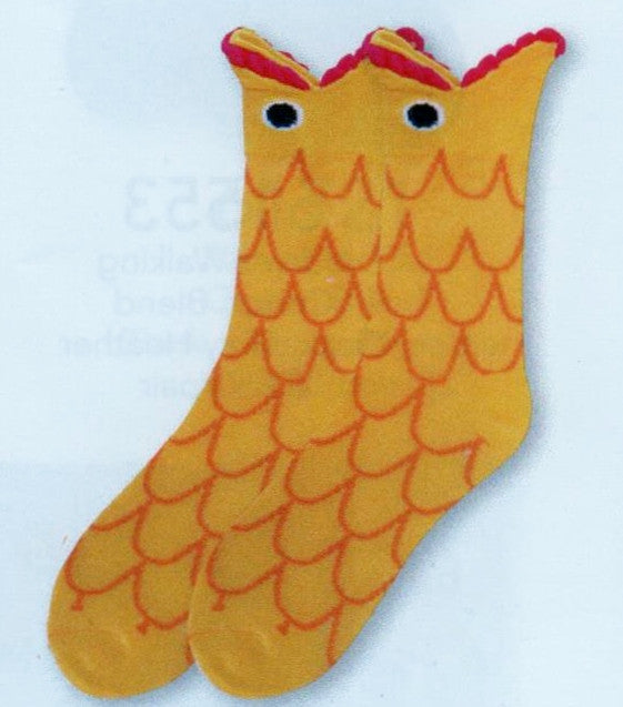 K Bell Wide Mouth Goldfish Socks start on a Bright Yellow background with Bright Orange as Scales. The Eyes are Black and White. The Wide Mouth is Magenta and that is the Cuff.