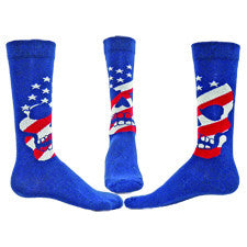 Wright Avenue Mens American Skull Sock starts on a Navy Blue background with a Skull on the Sock. The Head has Navy Blue and White Stars then starts the White and Red Stripes of the American Flag.