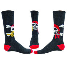 This picture shows Left, Right and Center of Wright Avenue Mens Buccaneer Sock. This Buccaneer looks happy in his Skull which is White with a Black Patch over one eye. He has a nice dagger in his mouth a Red Bandana over his head and a Gold Earring.  Behind you see the Crossbones.