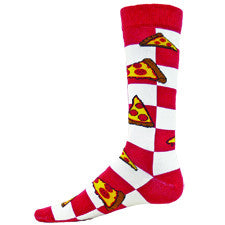 Wright Avenue Mens Pizza Sock starts on a Checkerboard of Red and White Squares. Pizza Slices are all around the Sock with Brown Crust, Yellow Cheese and Red Pepperoni Sausage.