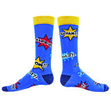 Wright Avenue Mens Super Hero Sock starts on a Navy background with Bright Gold Cuff and Oxford Blue Heels and Toes. Around the Sock are Action Bubbles that show in Red, Bright Gold and Teal words like Splatt, Zap and Wham.