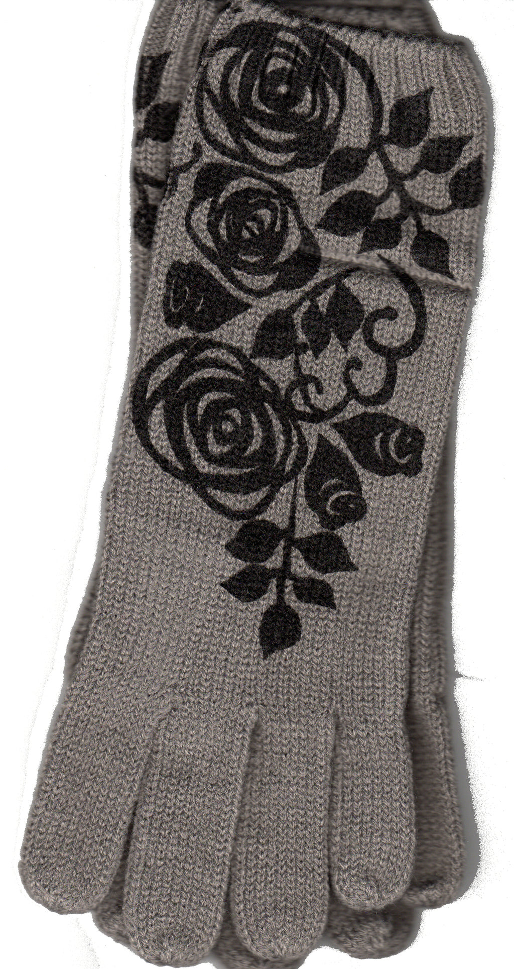 Grey Rosebud Gloves from Zazou has a Black stencil print set of Roses and Rosebuds on the top of the Glove.