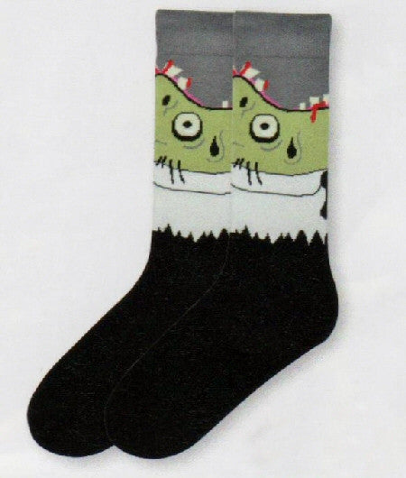 K Bell Mens Zombie Socks is a Guy wearing a Black Suit and White Shirt with a Red Tie. The only problem is he is Green and Bleeding. 