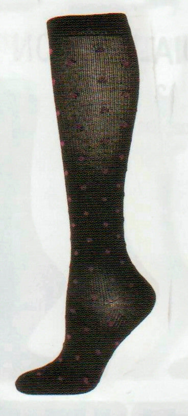 b ella Womens Naples Compression Pin Dot Merino Wool Socks come in Black with Maroon Dots..