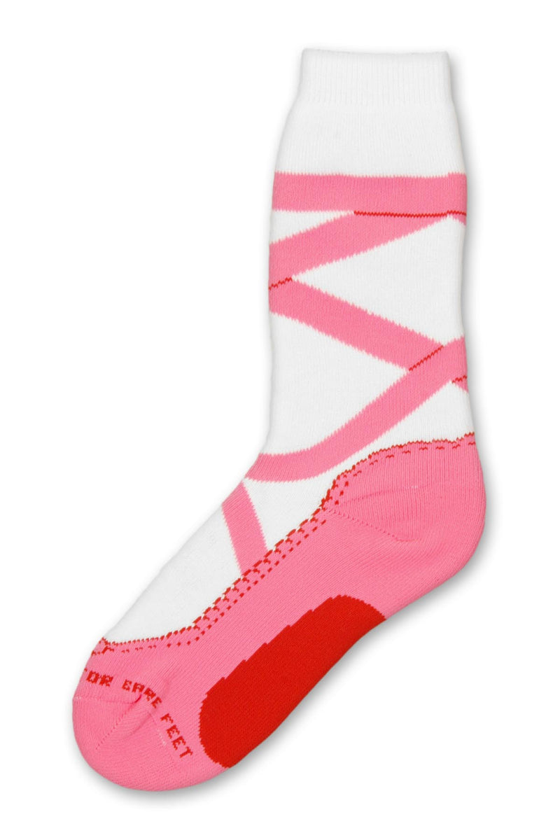 Ballet Slipper Sock from FBF is a Thick Sock. The bottom has the ballet slipper in pink and the bottom middle is Rose. Ribbon Ties are Pink that go up the White Crew.