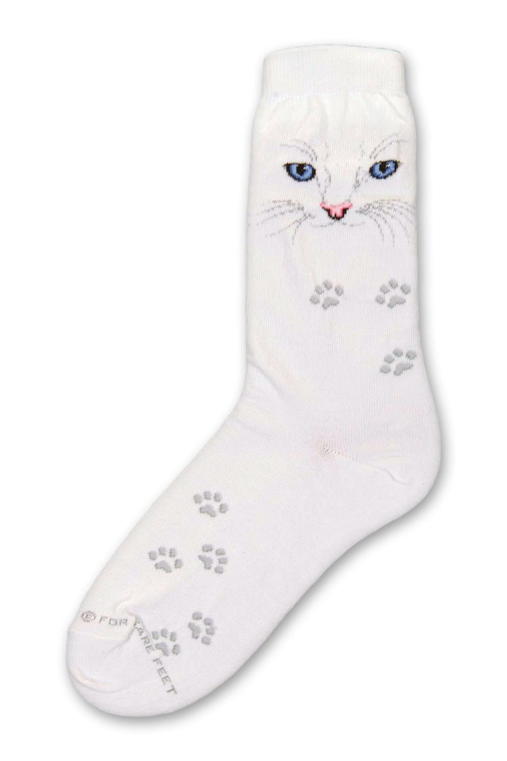 On a Bright White background is the Face of a Cat with Blue Eyes and a Pink Nose with Grey Whiskers. Paws of Grey follow the sock down to the Toes.