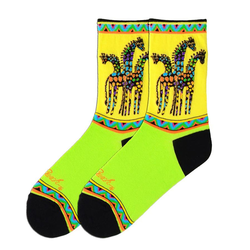 Laurel Burch Rainbow Giraffes are Brightly Colored Socks. The Cuff is like a Bright Bunting of Colors with another below the Giraffes. The Spots on the Giraffes are Blue, Purple,Yellow, Orange and Green. Gold Thread is mixed in. The Heels and Toes are Black and the bottom of the Foot is Lime green