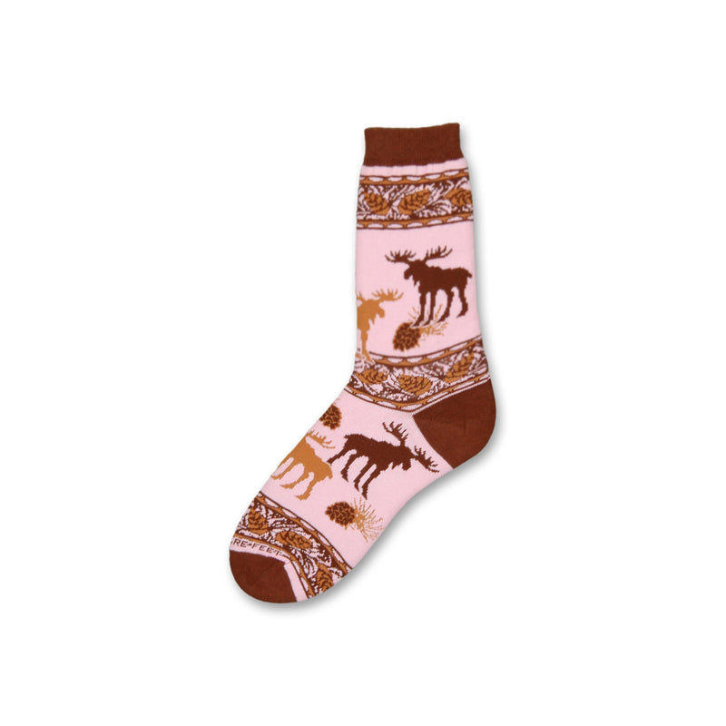 Pink Moose by FBF is on a background of Pink. The Cuffs, Heels and Toes are Chocolate Brown. 3 rows divide the sock with Pine Cones and twigs in Chocolate. In the middle are Moose in Chocolate and Caramel. 