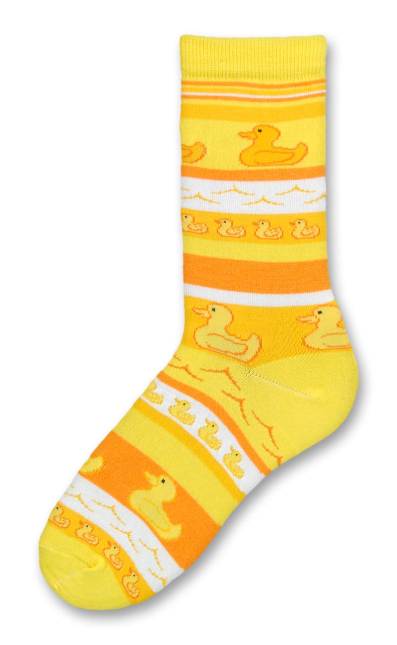 FBF Psycabright Rubber Ducky Socks show off bright colors of White, Yellow and Oranges with Yellow Ducks swimming in line.