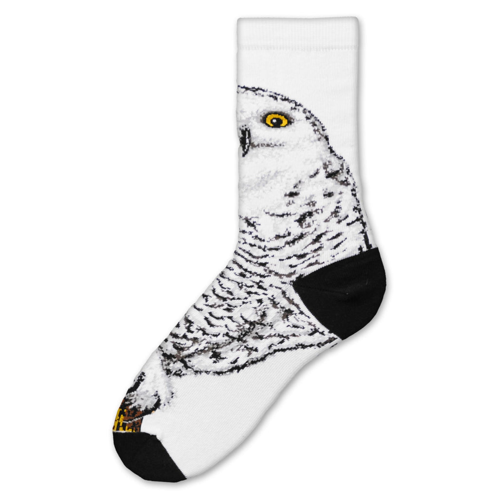 Side view of FBF Realistic Snowy Owl Sock on Bright White background. Black Heels and Toes. Black outline for feathers, Browns and Golds for detailed feathures