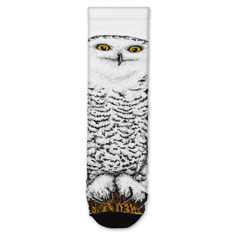 Frontal View of FBF Realistic Snowy Owl Sock in Bright White background. Black Toe shown with Black outlines for feathers. Brown and Gold for details.