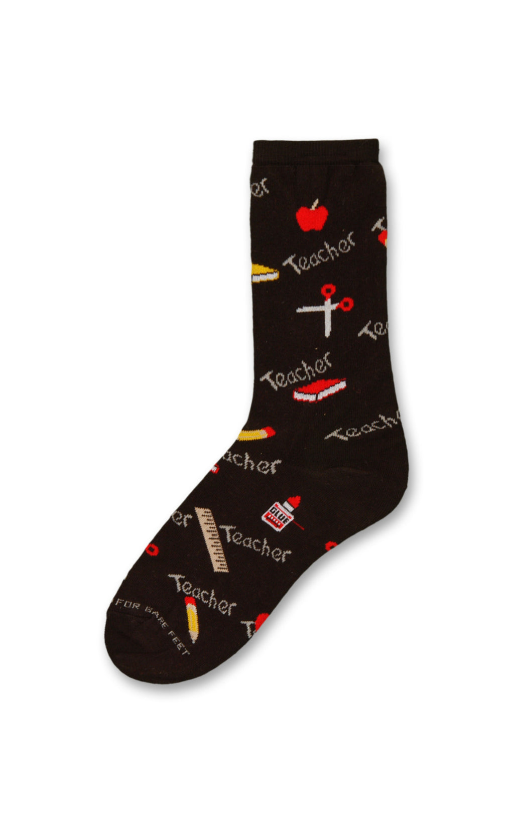 FBF Teacher Sock says Teacher on it and shows a lot of equipment a Teacher may need to teach students. Books. Pencils, Scissors, Ruler and from a Student to the Teacher a nice Red Apple. 
